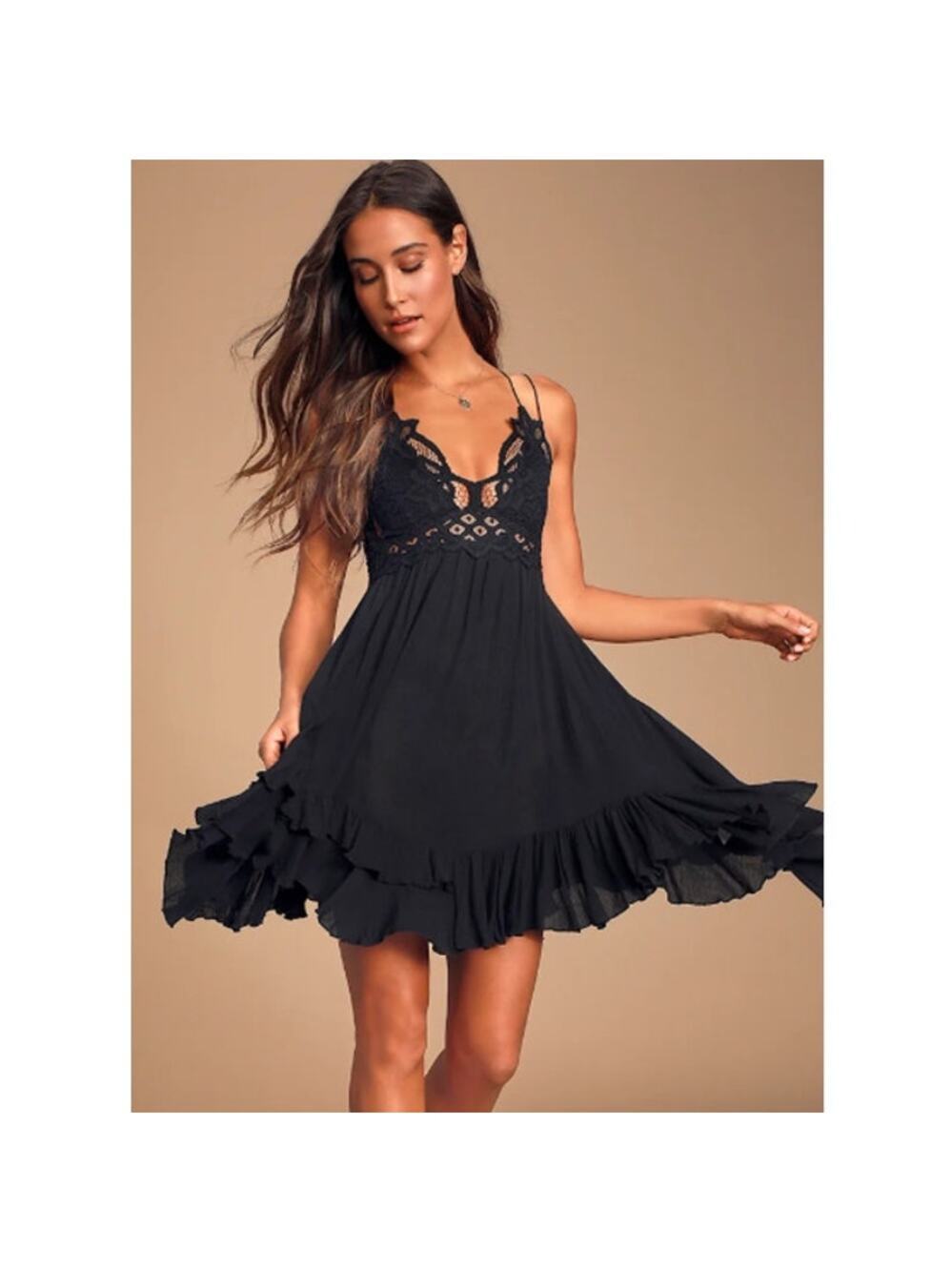 Free People One Adella Slip Black Lace Dress Women's Small Crochet Strappy Boho